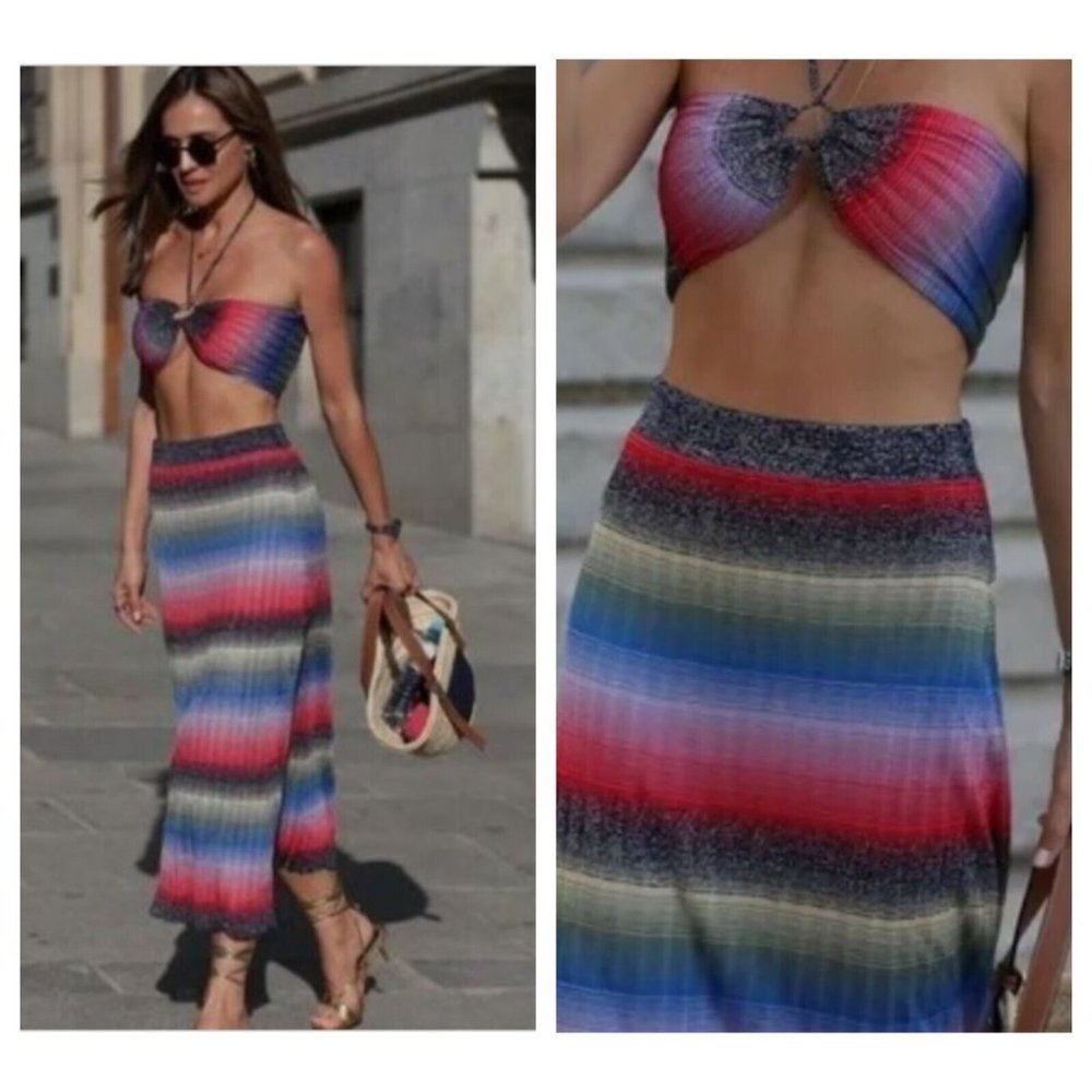 Zara Limited Edition Colourful Striped Silver Lurex 2 Piece Maxi and Tank Set L